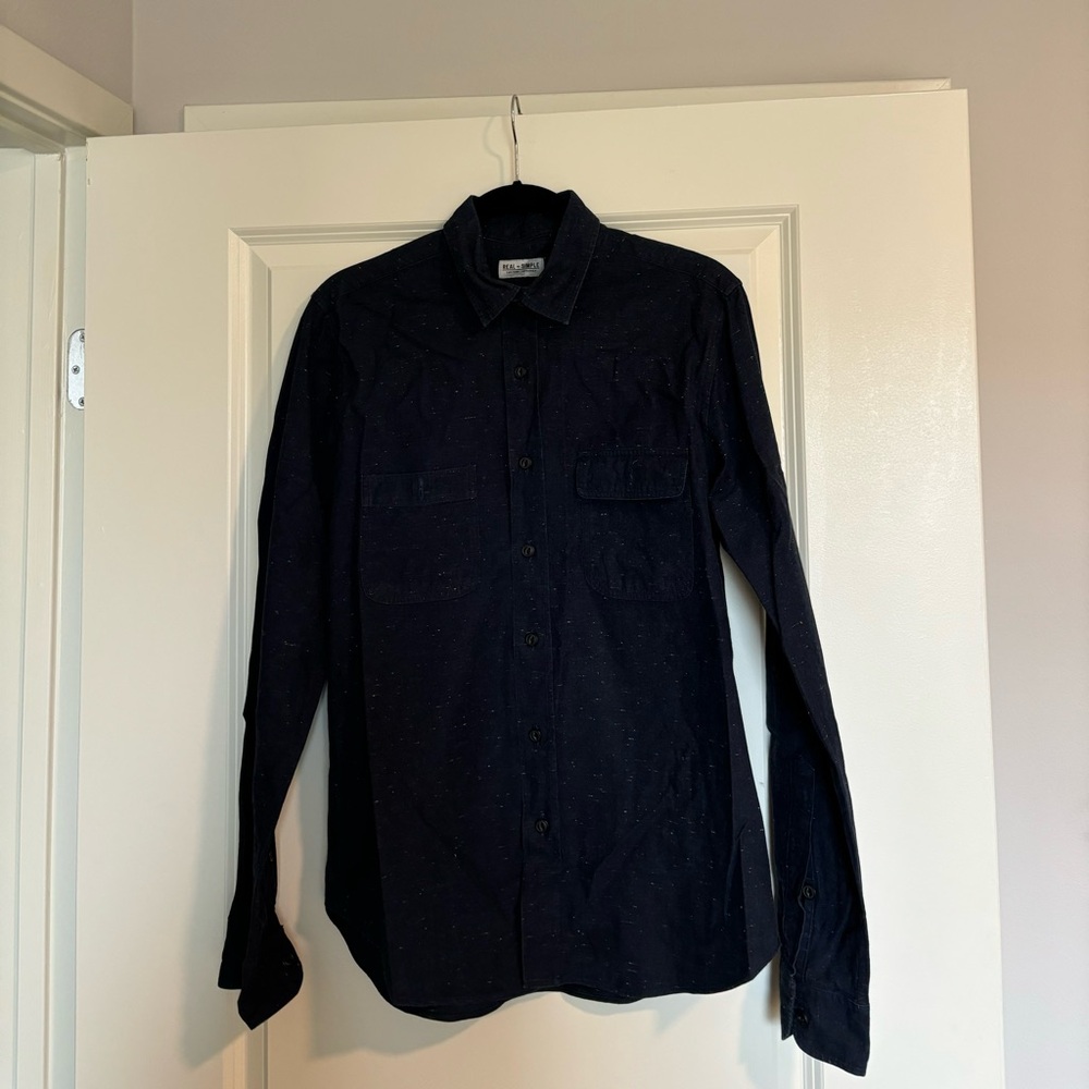 NWOT Real + Simple Brand Men’s Shirt Dark Blue with Multi-Colored Specks Sz L
